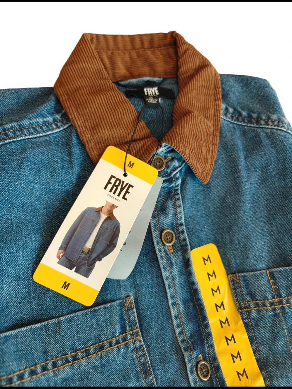 Frye Blue Denim Jacket with Brown Corduroy Collar Mens Size Medium NWT - Picture 2 of 4